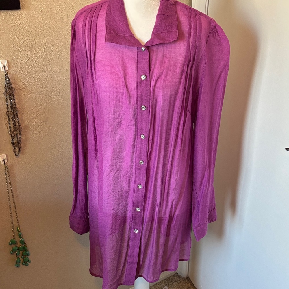 Sheer Magenta Button-Up Blouse size L (oversized tunic)